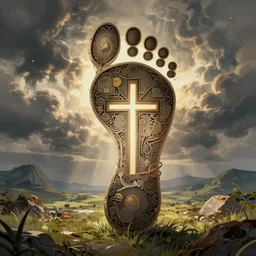 an intricate concept illustration of a footprint with cross, style by jon foster, digital art illustration