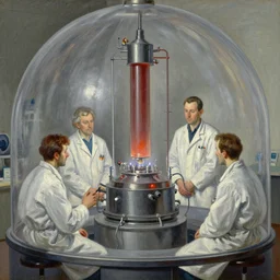 scientists testing an experimental quantum plasma reactor in a dome - shaped control center, grant wood, pj crook, edward hopper, oil on canvas