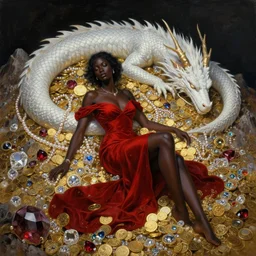 dark concept art of a dark skinned woman with a red dress is sitting in the middle of a mountain of precious jewels and golden coins while a white scaled dragon is behind her sleeping, pearl, rubi, diamonds, gold, painting by wlop, nixeu and greg rutkowski, beautiful, semirealism, artstation, octane render, oil painting, sharpness, 8 k, golden ratio