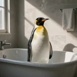 a photograph of a penguin in a bath tub, bathroom, interior design, interior photography, cinematic lighting