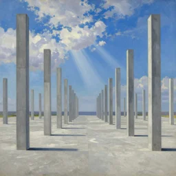 world of only concrete, a flat endless plane of concrete covered in thin, very tall concrete pillars talk enough to go above the frame that go on to the horizon, open sky, blue sky with clouds, god rays, beautiful painting, oil on canvas, by Ewa Czarniecka, award winning masterpiece,