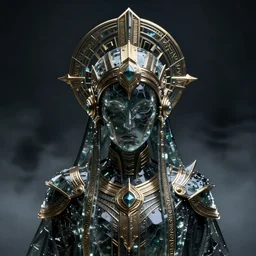 a dark sci fi matte painting portrait of a cyber shadow priest made of frosted glass and wearing a massive ornate headdress made of realistic metal and sci fi armor, art deco, cinematic lighting, smooth, dark sci fi, unreal engine, octane render, by blizzard studios, golden rule, subject in center of frame, fog volumes, cgsociety