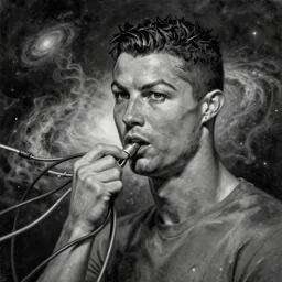 a surrealistic monochromatic portrait of a cristiano ronaldo being fed by numerous wires and cables to the galaxy, the birth of the singularity, impasto, airbrushed, smoky swirls, hyperrealism, paint splashes, shadows, rule of thirds, detailed oil on wood painting by jan van eyck and greg rutkowski