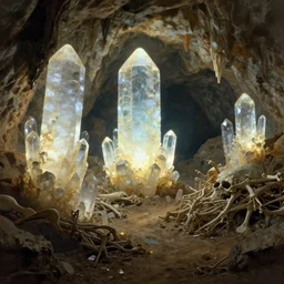 a cave with huge glowing crystals in the walls and piles of bones on the floor, art by josh durham