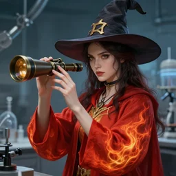 an anthropomorphic beautiful female scientist portrait holding a telescope wearing red flame robe in a lab, fine art, award winning, intricate, elegant, sharp focus, octane render, hyperrealistic, wizard hat cinematic lighting, highly detailed, digital painting, 8 k concept art, art by jamie hewlett and z. w. gu, masterpiece, trending on artstation, 8 k