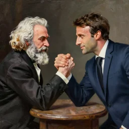 oil painting of karl marx and emmanuel macron arm wrestling n 9
