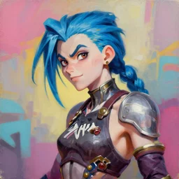 greg manchess portrait painting of partially armored blue haired jinx from league of legends as overwatch character, medium shot, asymmetrical, profile picture, organic painting, sunny day, matte painting, bold shapes, hard edges, street art, trending on artstation, by huang guangjian, gil elvgren, ruan jia, greg rutkowski, gaston bussiere