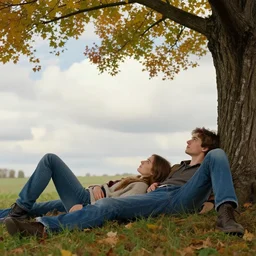 clothed young man and woman with long brown hair, laying under a tree looking at clouds autumn, ( ( ( wearing jeans ) ) ), by ( ( ( charles sillem lidderdale ) ) ), stanley artgerm lau, greg rutkowski, thomas kindkade, alphonse mucha, loish, norman rockwell