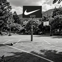 a photograph of an empty basketball court in a scenic location, in the styles of sports illustrated, a nike advertisement, and ansel adams. intricate, hyperrealistic, monochrome hdr