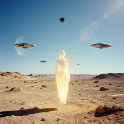 levitating glowing bene gesserit in a dry rocky desert landscape, visible sky and sunny atmosphere, fata morgana giant mirrors, black star in the sky, giger space ships in the sky by alejandro jodorowsky, christopher doyle, anamorphic lens flares, kodakchrome, portra, film grain, cinematic composition, practical effects, 8 k,