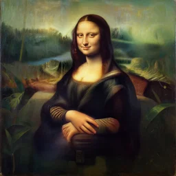 frazetta mona lisa in army uniform full body panoramic portrait textured oil painting jungle background