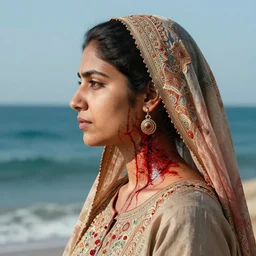 portrait of a pakistani woman :: side profile :: blood :: background sea :: intricate details  ::  oxygen implant :: 8k :: simon stalenhag and Sandra Chevrier