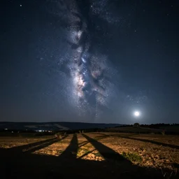 a photo of the night sky with a lot of stars and a beautiful landscape and the moon in the background, telephoto photography
