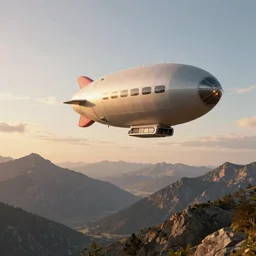 a cyberpunk dirigibile is flying high in the sky above the mountains, epic, surreal, cinematic shot, golden hour, artstation, deviantart, dreamy atmosphere, high definition