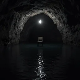 a matte painting of a dark cave lake, a chair under a lightbulb in dark space, artstation, surreal, black water, chiaroscuro