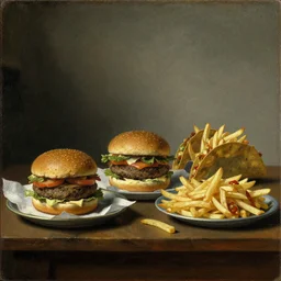 Dutch still life from the 1600s, old oil painting: Large amount of fast food on a table, hamburger, tacos, french fries