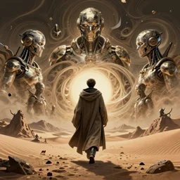 a cyborg dressed in a large cloak walking through a dangerous desert, mountains, guardians, small objects floating around, epic, close up, in the center, centered, intrincate by moebius, jean giraud & kilian eng moebius style