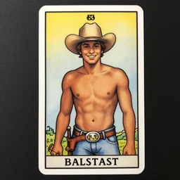 a beautiful tarot card of a handsome shirtless smirking cowboy wearing a cowboy hat with a chunky chubby build and beer belly next to a campfire!, homoerotic!!, art deco!, art nouveau,  by Walter Crane, by Mark Maggiori, trending on artstation