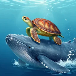 a turtle riding on top of a whale