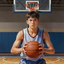portrait of a boy at a basketball court playing basketball wearing a basketball jersey in a basketball court standing near the basketball hoop, intense emotion, (detailed facial expression), detailed surroundings, intricate, elegant, highly detailed, centered, digital painting, artstation, concept art, smooth, sharp focus, illustration, by (Peter Mohrbacher), WLOP