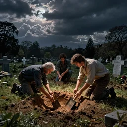 men digging graves in graveyard on a cloudy night, unreal engine,