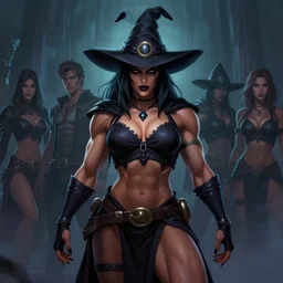 portrait of a female bodybuilder dark witch in team fortress 2 style, epic, tragic, dark fantasy art, fantasy, pretty, hd shot, digital portrait, beautiful, artstation, comic style, by artgerm, guy denning, jakub rozalski, magali villeneuve and charlie bowater