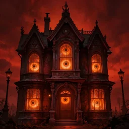 A Victorian House of The Void with big orange eyeballs staring out from the windows, Red and Orange colored, Lovecraftian, 4k, masterpiece, cinematic, glowing, by Greg Rutkowski, Trending on Artstation, Behance. Polished. Eldritch