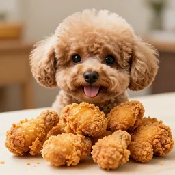 An adorable yummy poodle made out of delicious greasy crispy fried chicken, high resolution photo