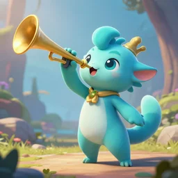 cyan cute spirit axie pet gives a warning call, blowing the trumpet, fantasy, style artstation, style greg rutkowsk, octane render, unreal engine 6, epic game graphics, fantasy, conceptual art, ray tracing