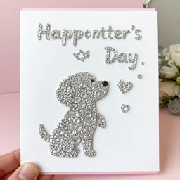 A happy mother's day card made out of diamonds held by a puppy