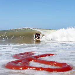 a surfer surfing on a large wave of ketchup, through a sea made of ketchup, on a sunny day, 8 k, wide angle photography