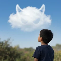 a boy watch a cloud in a shape of devil form his eyes by