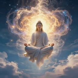 [mind explosion]god floating down from heaven. he is meditating. inspired by meditation. [mind explosion] interdimensional teleportation