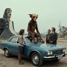 the strange creature sells a used car, film still from the movie directed by denis villeneuve and david cronenberg with art direction by salvador dali and zdzisław beksinski, wide lens