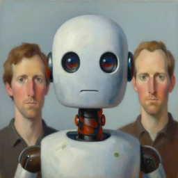super - intelligent robot with kind eyes portrait, grant wood, pj crook, edward hopper, ralph mcquarrie, oil on canvas