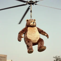 vintage photograph of freddy fazbear being dangled by a helicopter