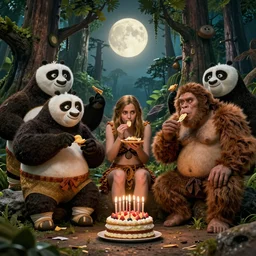 photo, three hairy fat neanderthal people, emma!!! watson!!!, eating outside, surrounded by kung fu pandas!, gigantic forest trees, sitting on rocks, bright moon, birthday cake on the ground, front view