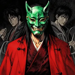 portrait of man, emerald ritual mask, red mantle, rotogravure, dark, majestic, powerful, dark fantasy manga artstyle, by yukimira makoto and kentarou miura