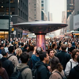 teleportation machine in a crowded and noisy city, with the feeling of being surrounded by people and the noise, style of cambrian