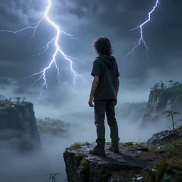 Long wavy haired boy standing at the edge of a cliff looking down at the foggy landscape, 3d, 3-dimensional, photorealistic, scary, horror, multiverse, realistic, cinematic, full hd render, 3d octane render, unreal engine 5, redshift render, immense detai l, interdimensional lightning, enhanced quality, 4k UHD