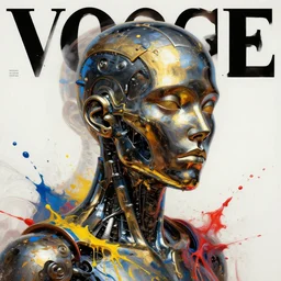 3 d, metalic head of cyborg with liquid black and gold metal, vogue cover style, paint splatters, blue and yellow and red paint splashes, paint drops whirling in the air, 3 d poster art, high detail, 3 d intricate oil painting, multiple exposure, stanley kubrick mood, hyperrealism, 3 d, by tooth wu and wlop and beeple and