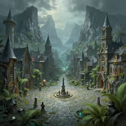 city square in the dwarven metropolis of water and ferns, located between the mountains. airbrush and metallic paints by award - winning visual concept artist, gothic horror, impressionism, depth of field, backlighting