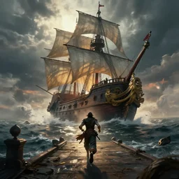 tarrasque running towards a galleon in the middle of a cataclysm, dramatic lighting, d & d, epic, fantasy, artstation, 4 k
