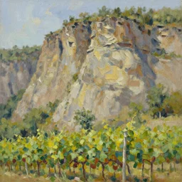 highly detailed painting of a cliff side, at the bottom is a vineyard, thick brush strokes, visible paint layers.