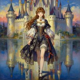 beautiful young girl in intricate clothing by ross tran, walking in a castle painted by sana takeda, reflections, very high intricate details, painting, digital anime art, medium shot, mid - shot, composition by ilya kuvshinov, lighting by greg rutkowski