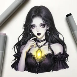 copic marker art of elegant gothic girl with glowing pendant, digitally coloured, by caestrad, collin estrada, deep blacks, high contrast, artatation, instagram, highly detailed, confident, textured, artgerm