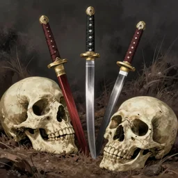 a beautiful masterpiece of three samurai swords stuck in the ground, giant skull laying deep in the ground, anime, studio ghibli, realistic shaded lighting, fine detail, dramatic, atmospheric, trending on artstation, rich colours
