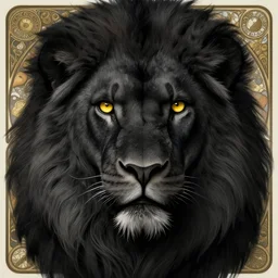 black lion with deep big yellow eyes, deep focus, d & d, fantasy, intricate, elegant, highly detailed, digital painting, artstation, concept art, matte, sharp focus, illustration, hearthstone, art by artgerm and greg rutkowski and alphonse mucha