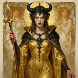 Portrait of a Holy Necromancer, female, golden robes, exquisite black accessories, highly detailed, digital painting, illustration, fantasy, by Krenz Cushart and Artem Demura and alphonse mucha