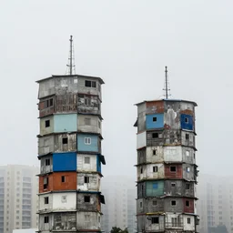 two towers, made up of stacked makeshift squatter shacks with bleached colours, plain uniform sky at the back, misty, mamiya, shallow depth of field, ultra sharp, very detailed, photographed by julie blackmon